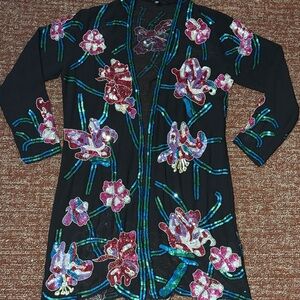 Vintage Indigo Moon Black sheer sequin Cardigan floral Embroidery duster kimono